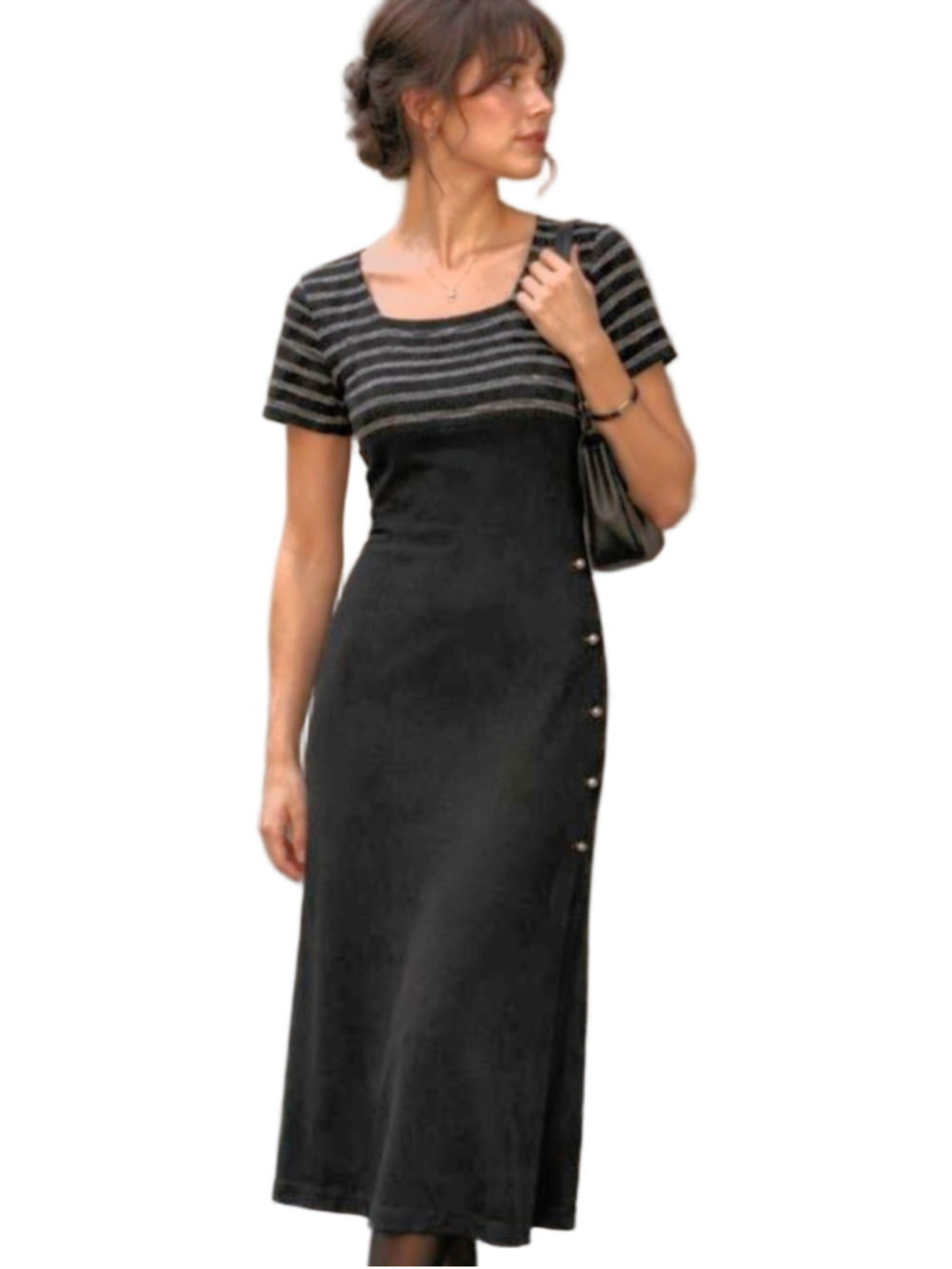 Vtg 90s Beechers Brook Striped Maxi Dress w Side Buttons - Black/White - Size 10